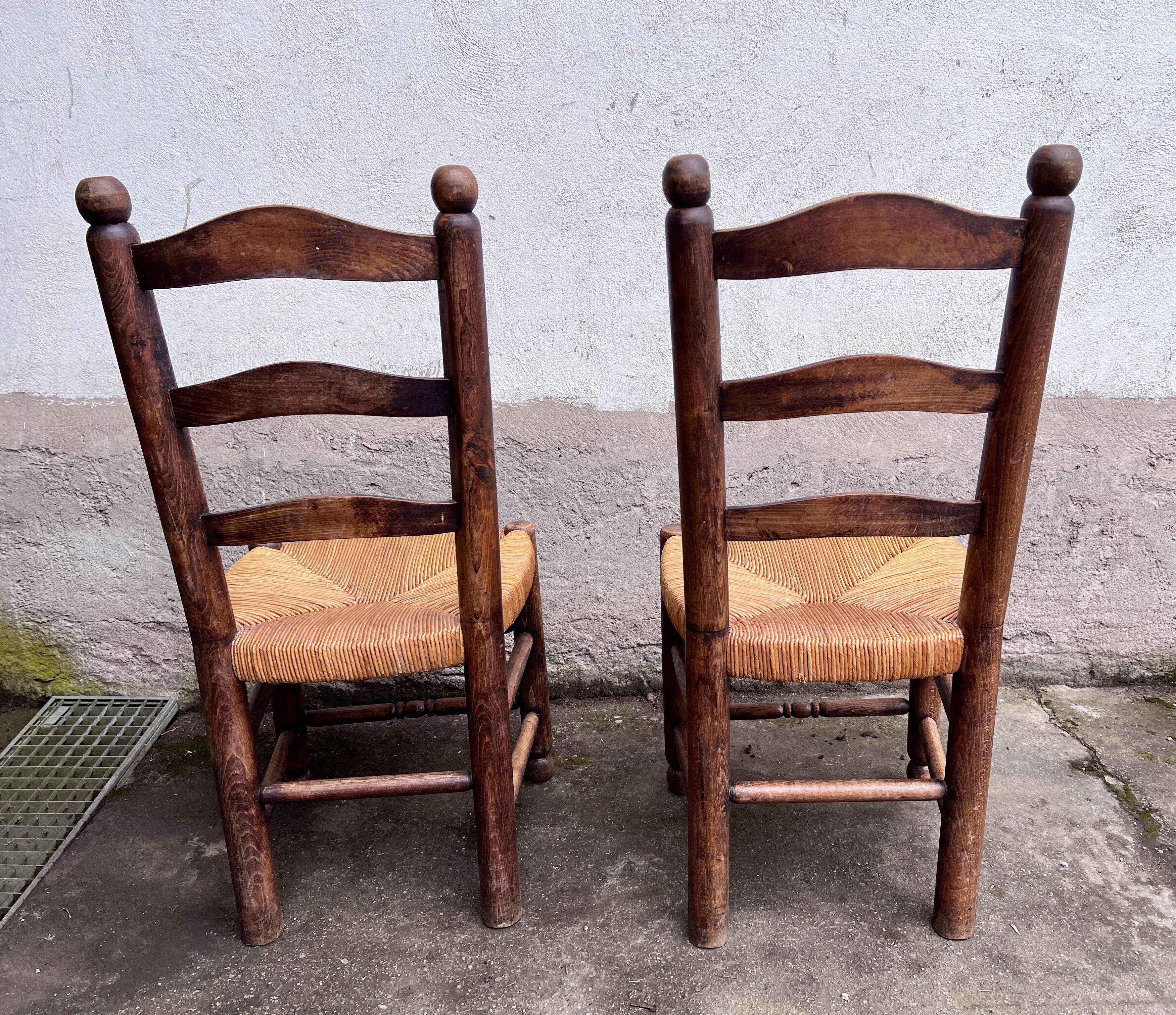 Pair of vintage Brutalist chairs made of wood and straw