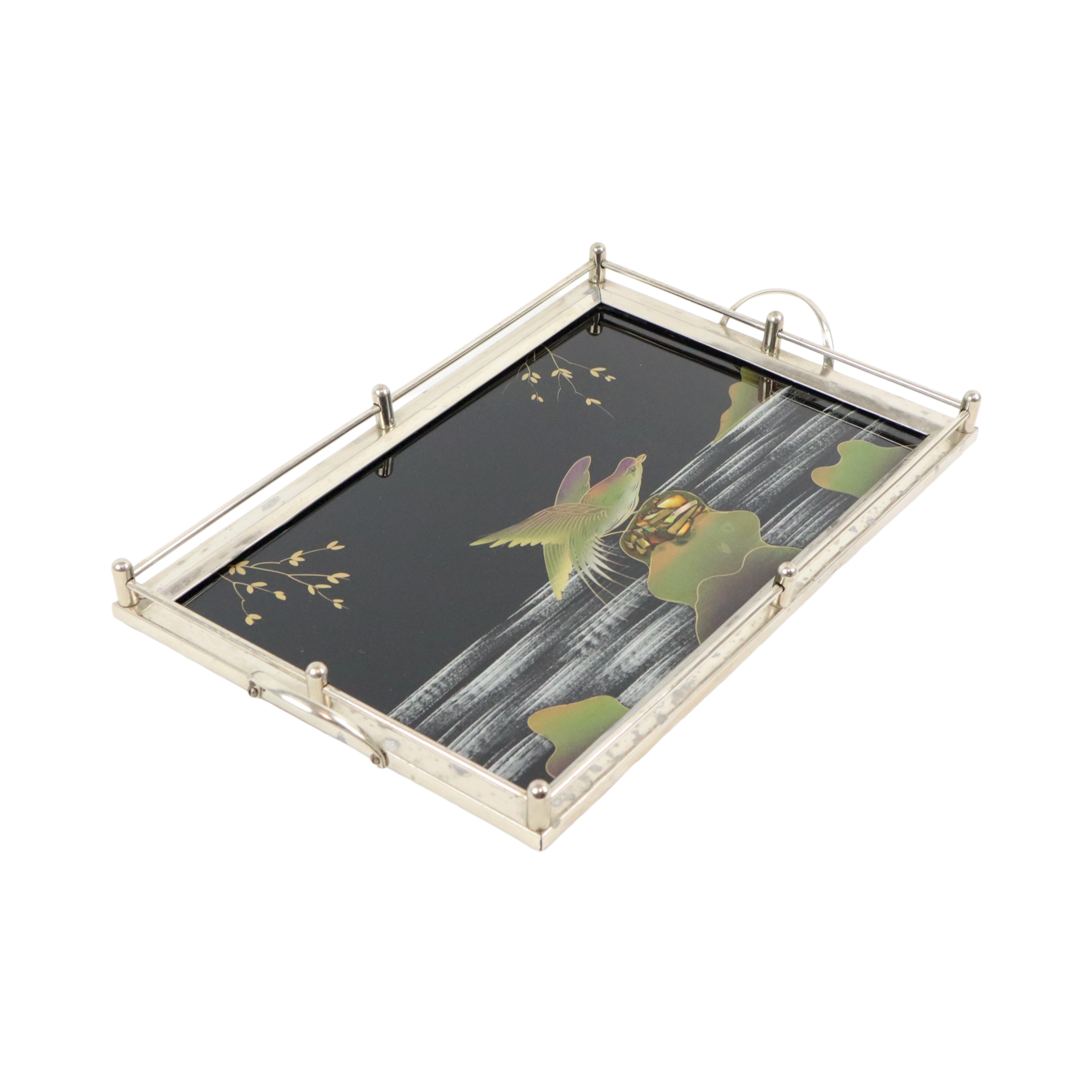 Vintage tray birds black glass chrome 1950s-60s plateau 40x26cm