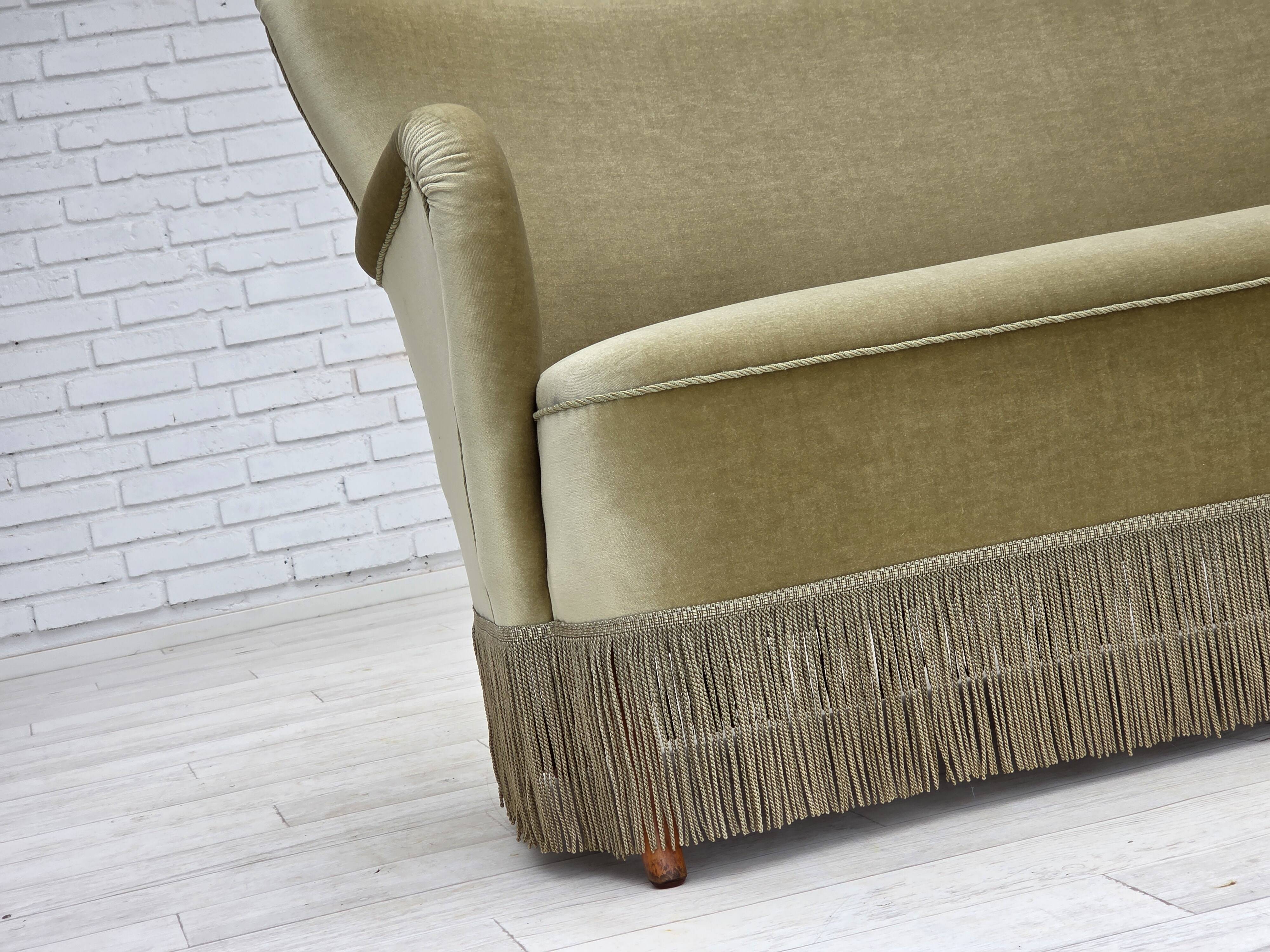 1960s, Danish 2-seater sofa, green furniture velour, beech wood legs.