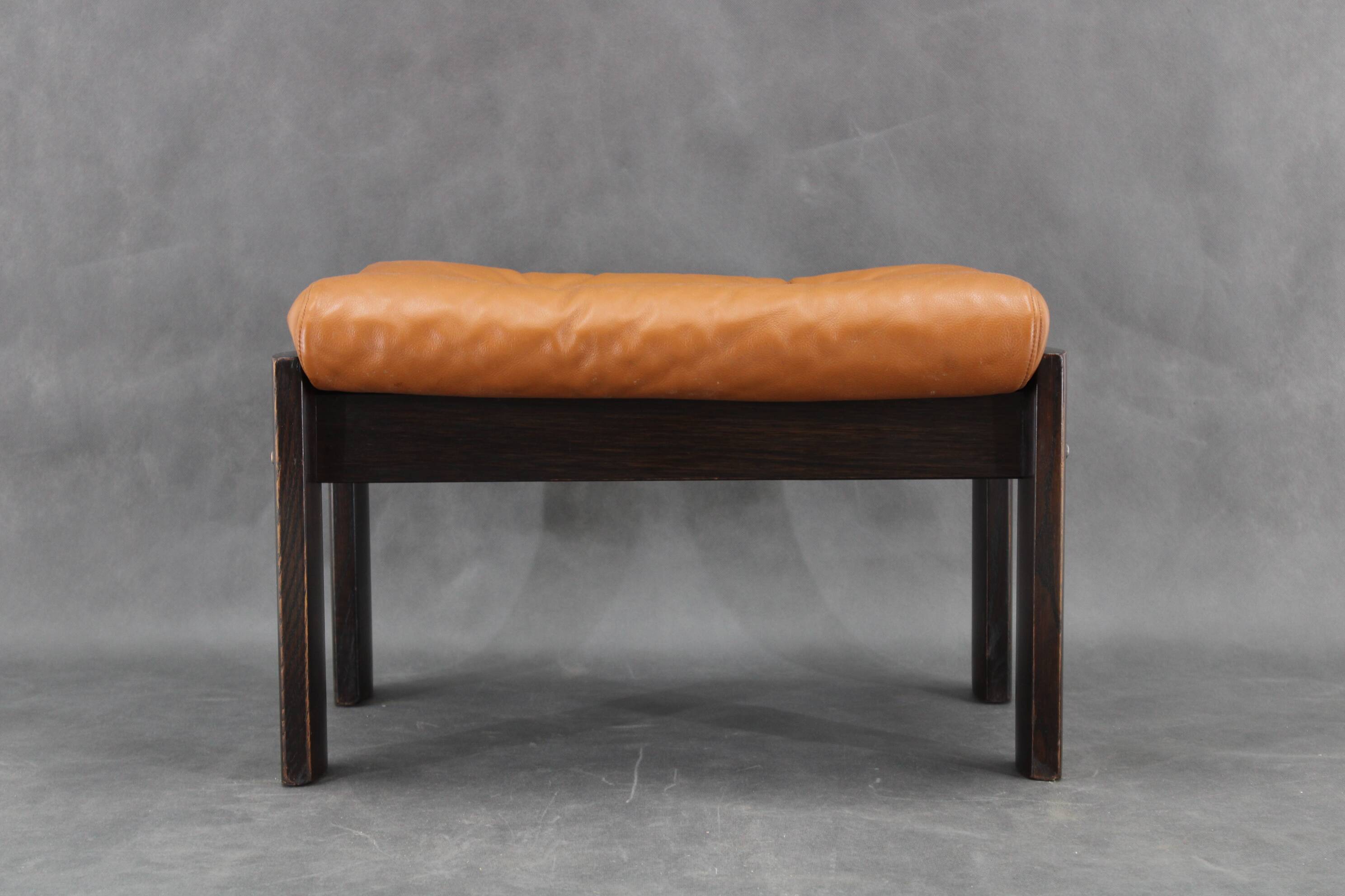 1960s Brown Leather Oak Stool, Denmark