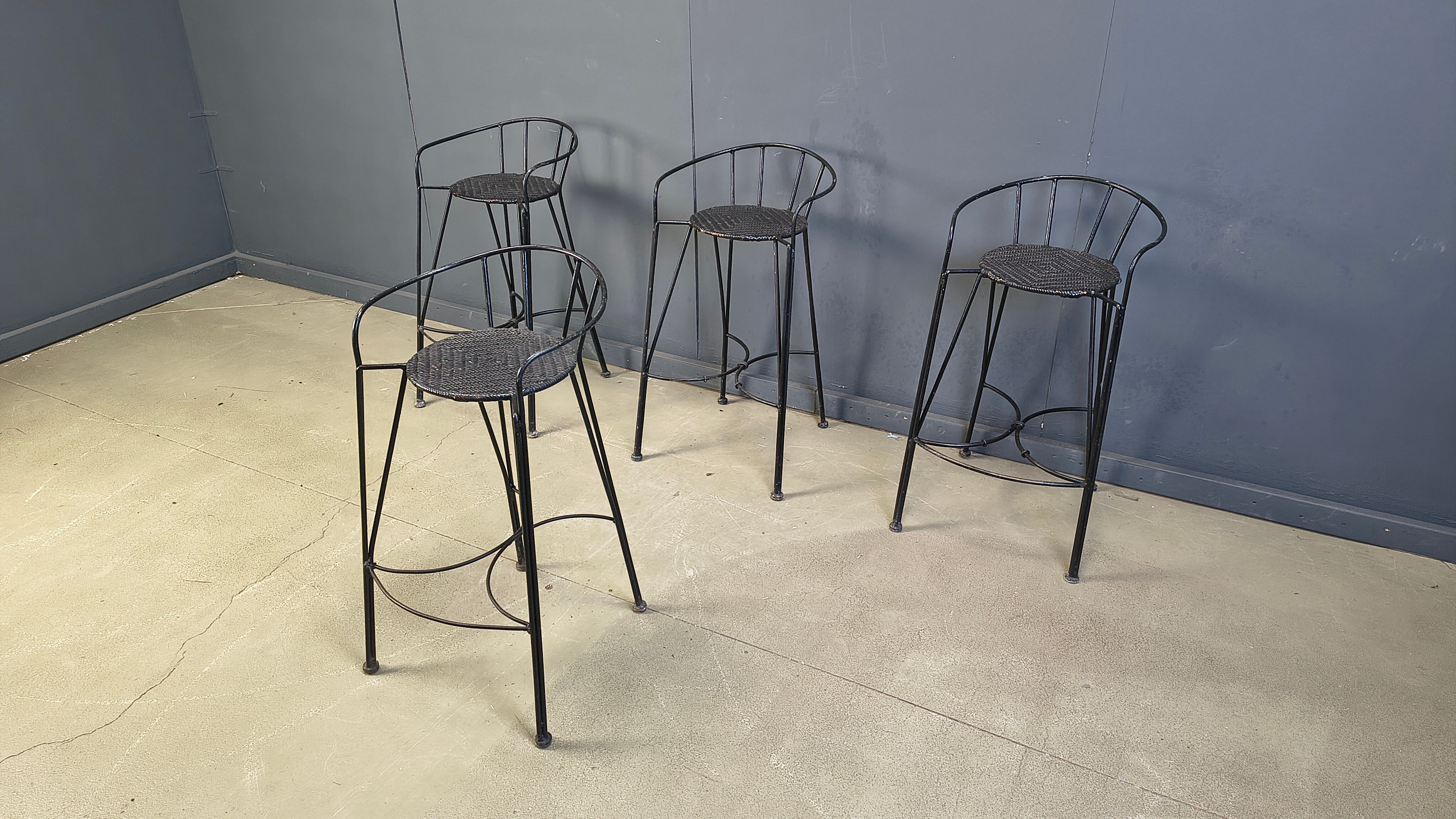 Tabourets de bar vintage en fer forgé et rotin, ensemble de 4 - années 1970