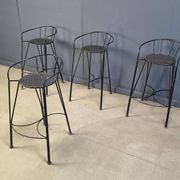 Tabourets de bar vintage en fer forgé et rotin, ensemble de 4 - années 1970