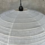 Large pendant lamp in rattan and natural linen Japanese style flattened round (Labu) H57 D80