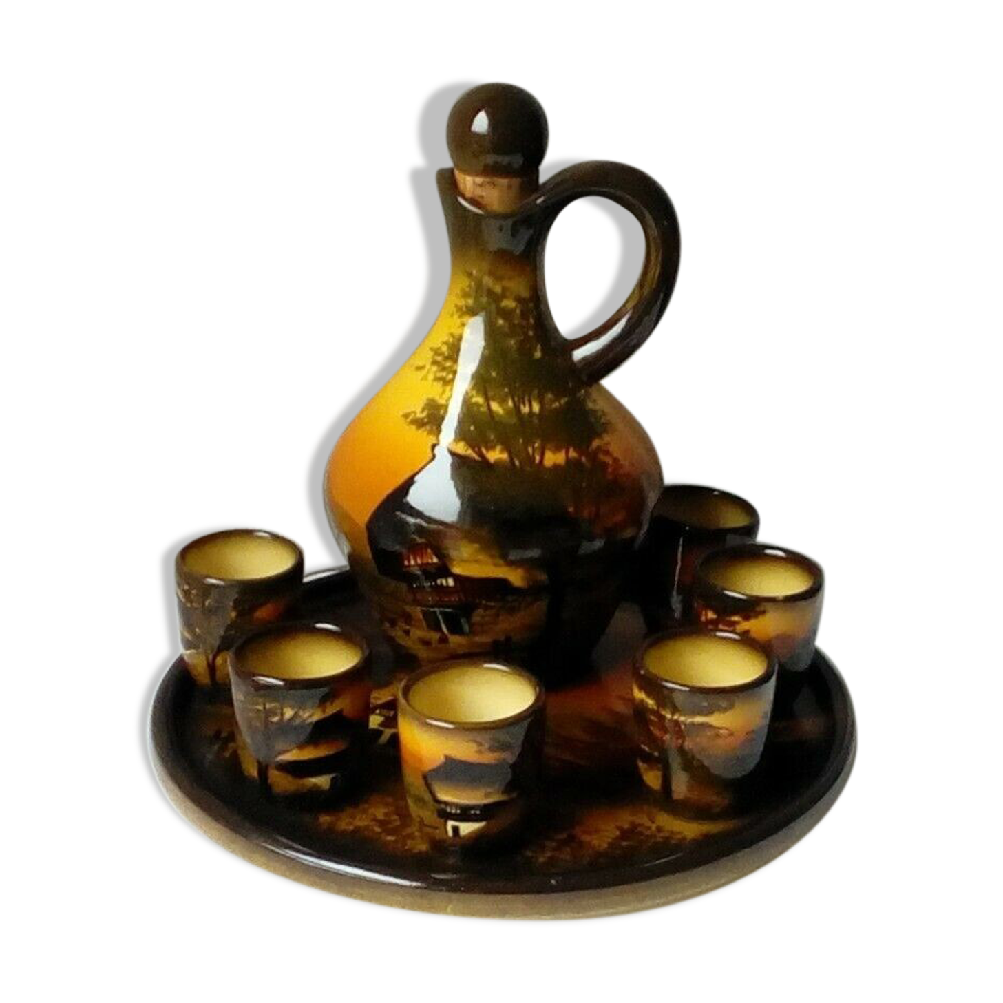 SERVICE A LIQUEUR EN FAIENCE SCHRAMBERG MAJOLICA STYLE SAINT JEAN DU DESERT