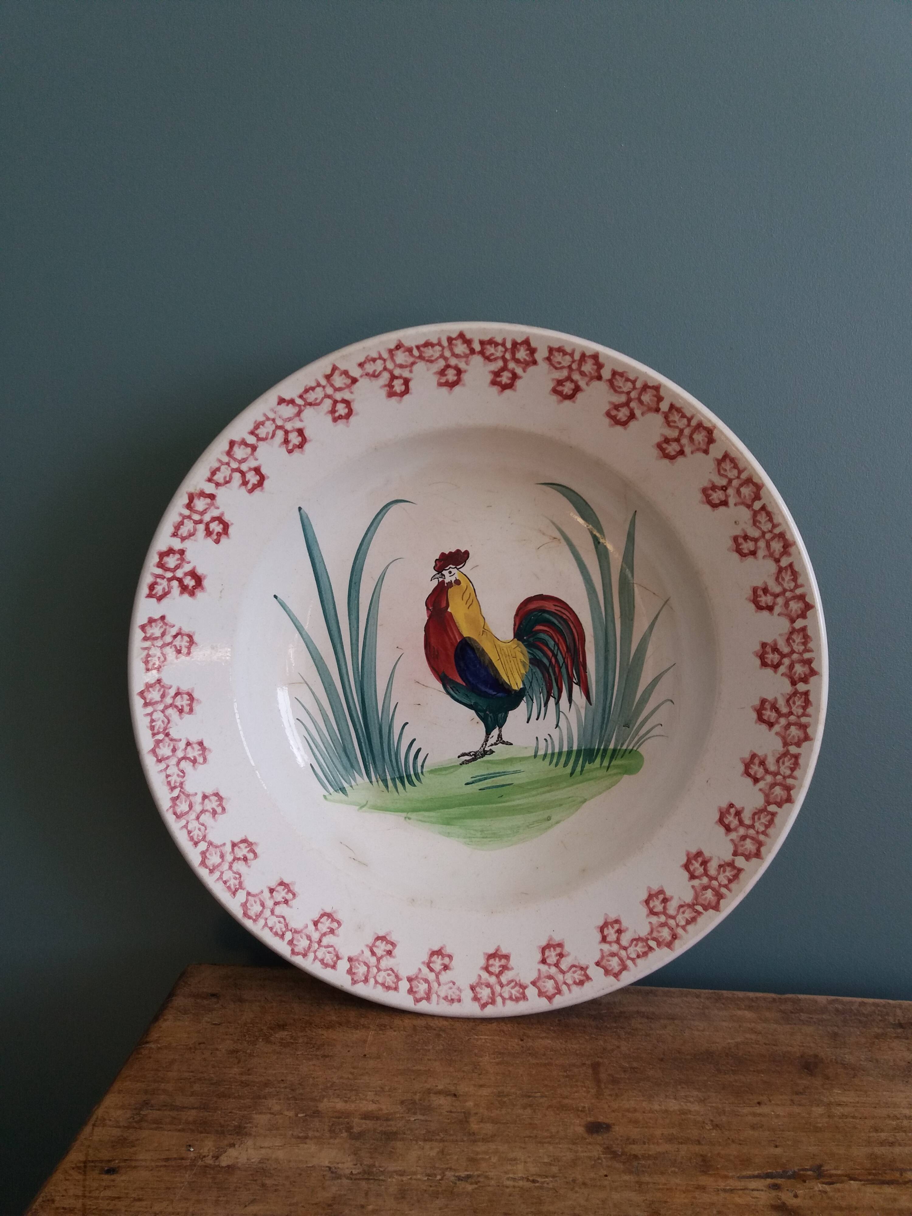 Antique deep dish with hand-painted rooster, Charolles earthenware