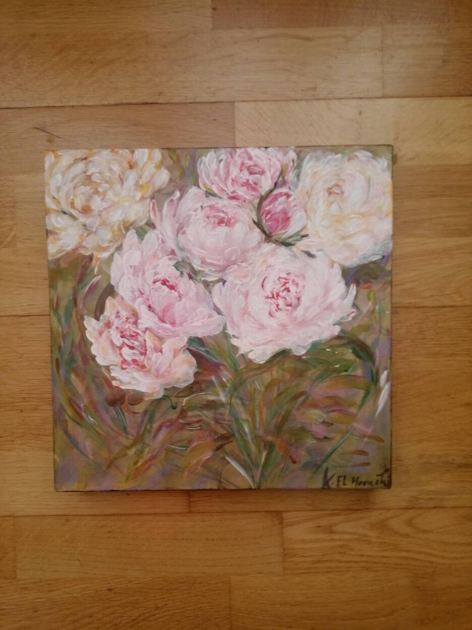 Peony bouquet painting signed and delivered with its certificate