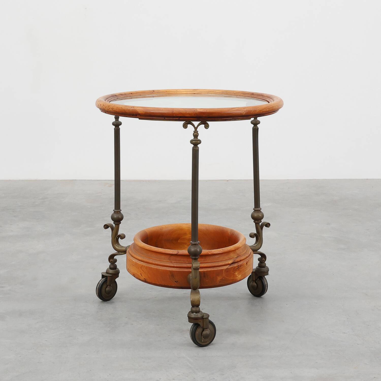 Rustic Copper and Walnut Serving Trolley with Glass Top, France ca. 1900