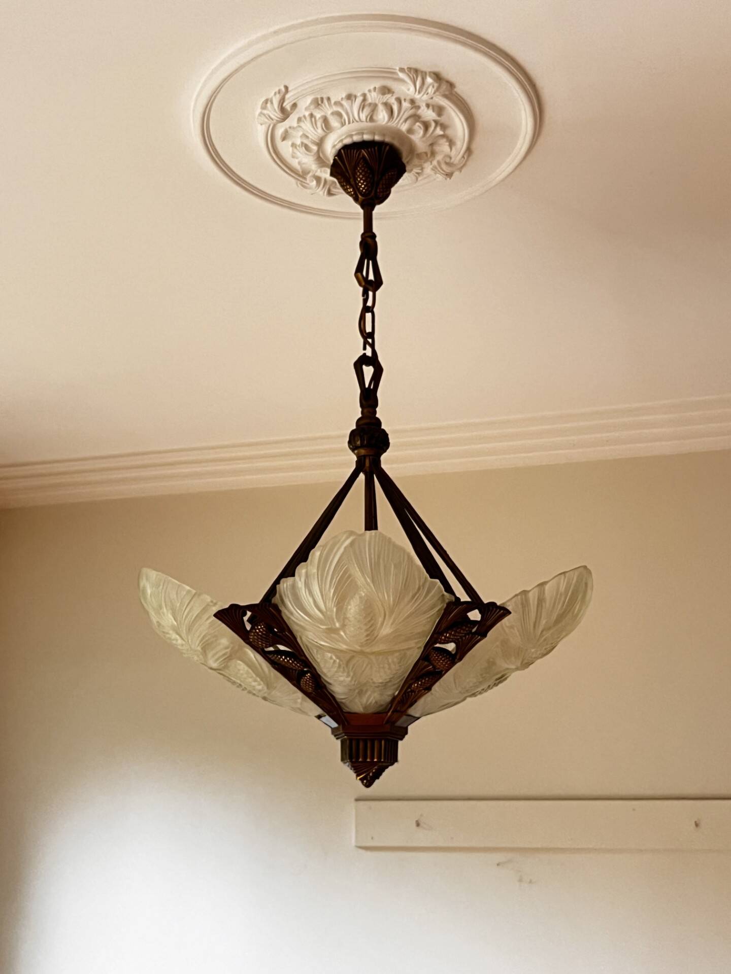 Opaline and brass chandelier