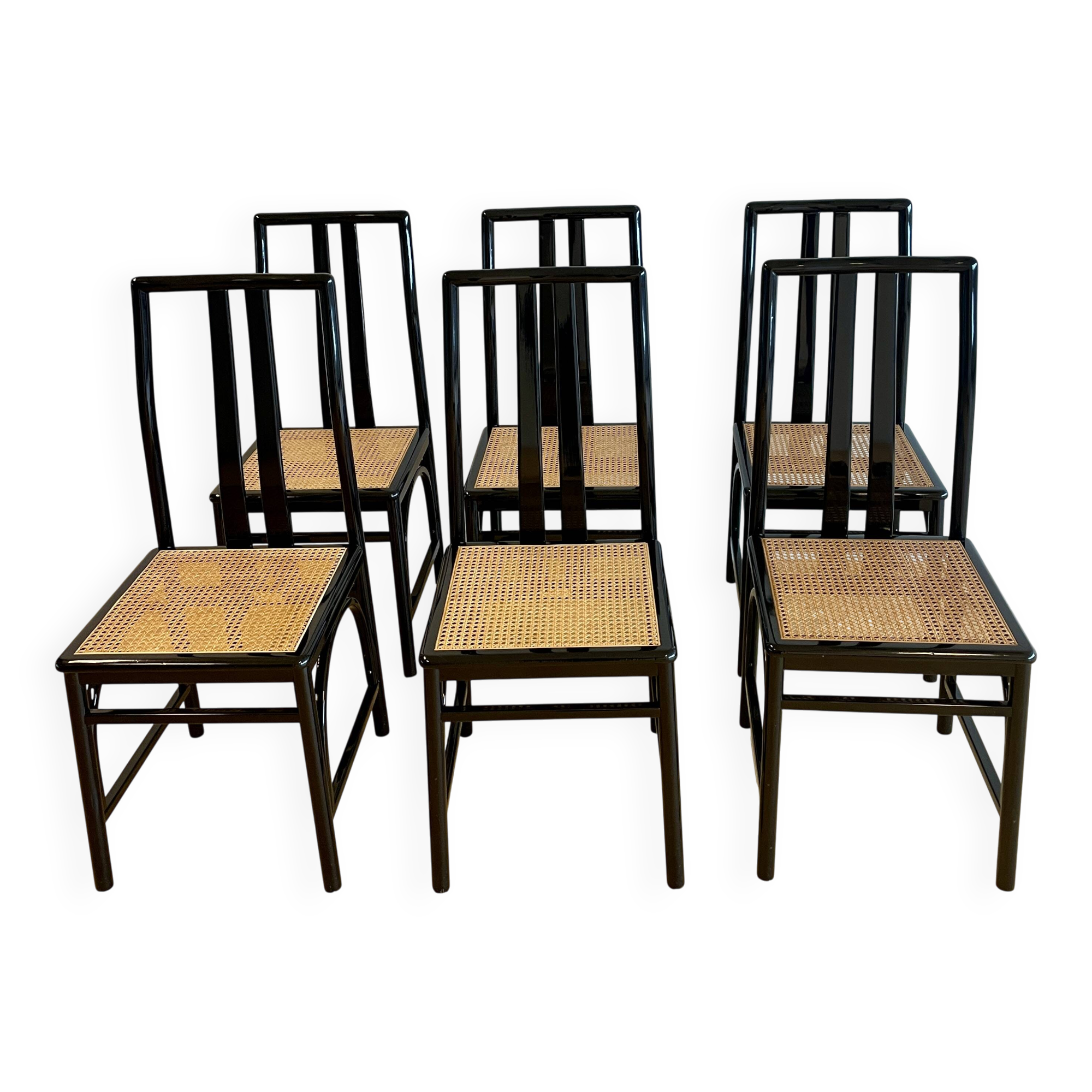Set of 6 black lacquered and cane chairs by Montina s.p.a.