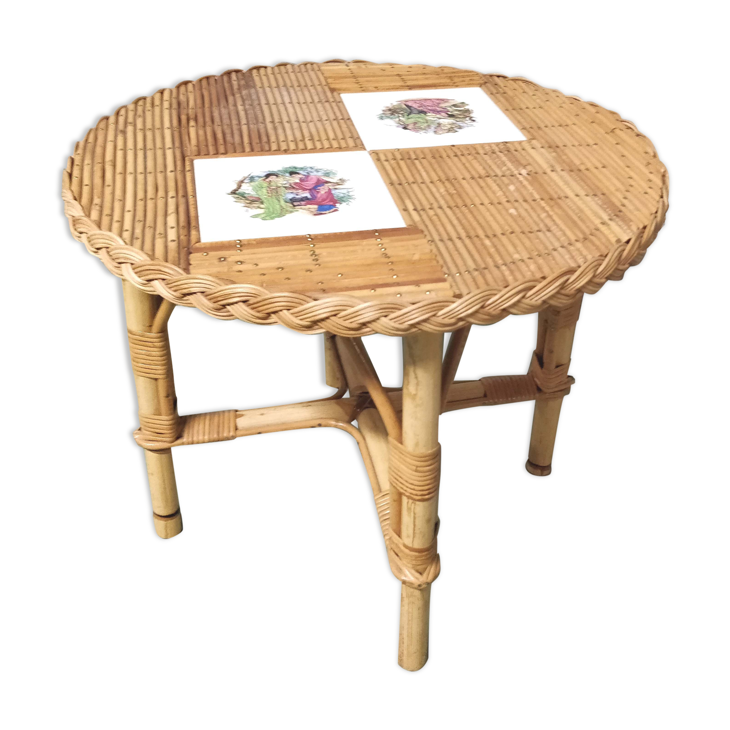 Round coffee table in japanese ceramic bamboo rattan 1960