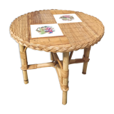 Round coffee table in japanese ceramic bamboo rattan 1960