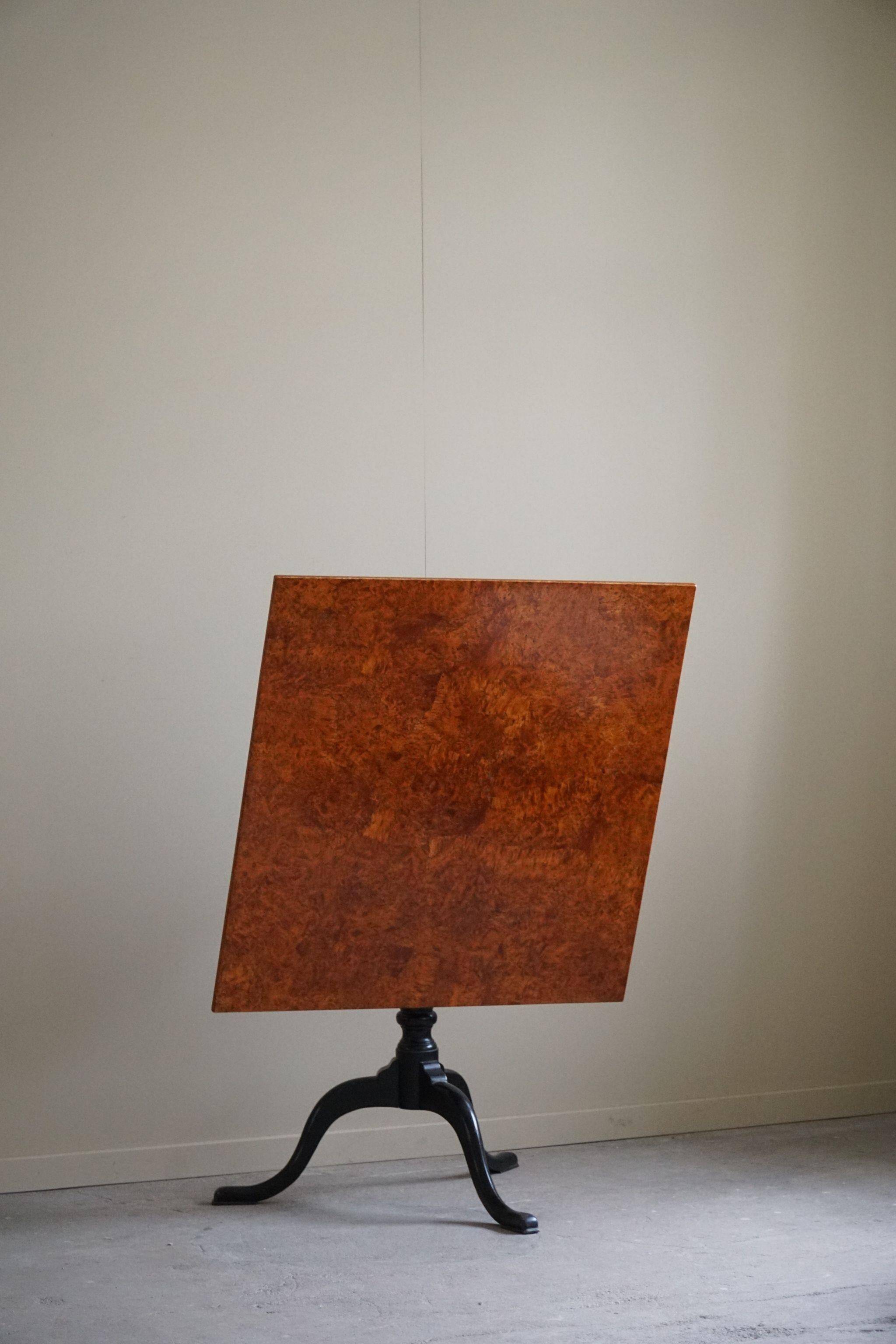 Antique handcrafted square table with drop leaves made of burl wood, Swedish, 19th century.