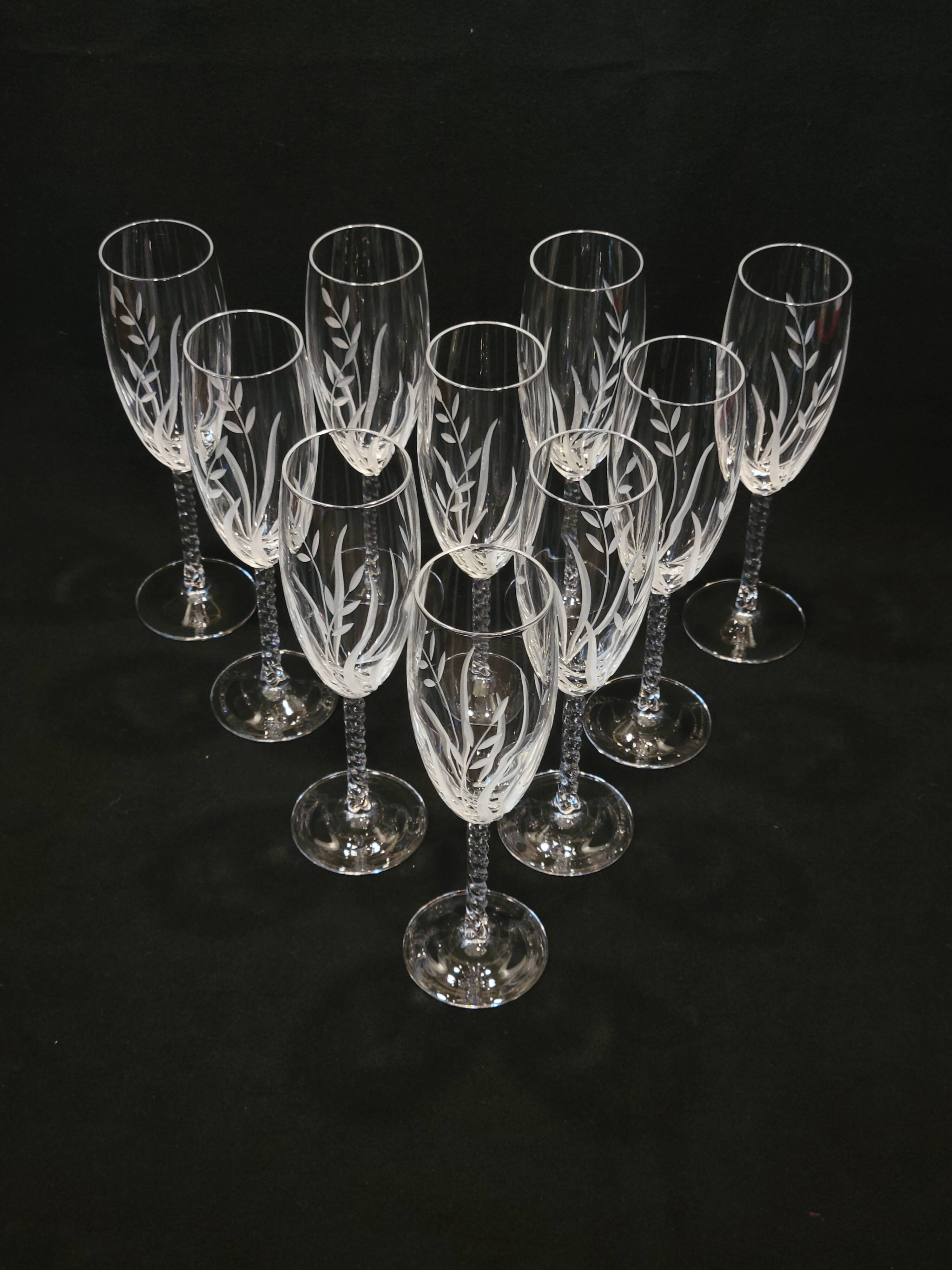 10 Arques Crystal Champagne Flutes, Fleury Cut Flamépis Pattern