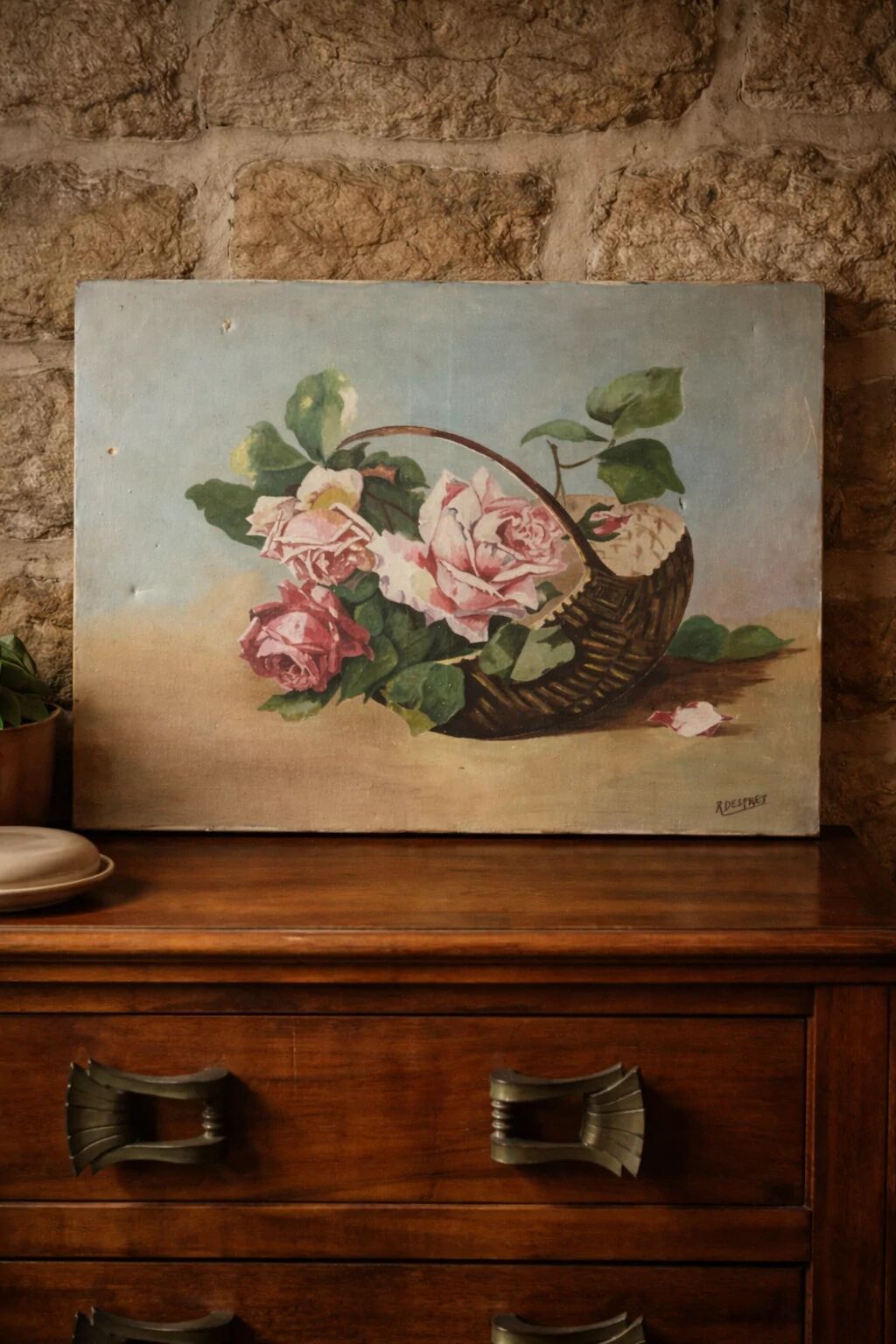 Old table flowers – oil on canvas – roses in a basket – the bucolic invitation