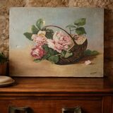 Old table flowers – oil on canvas – roses in a basket – the bucolic invitation