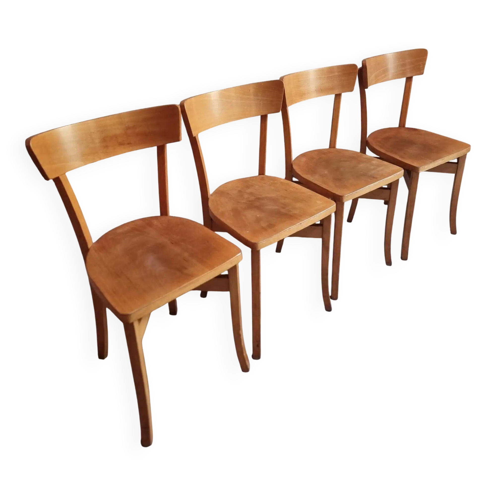 Set of 4 French bistro chairs, beech and plywood, 1960s, mid-century dining chairs.