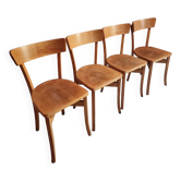 Set of 4 French bistro chairs, beech and plywood, 1960s, mid-century dining chairs.