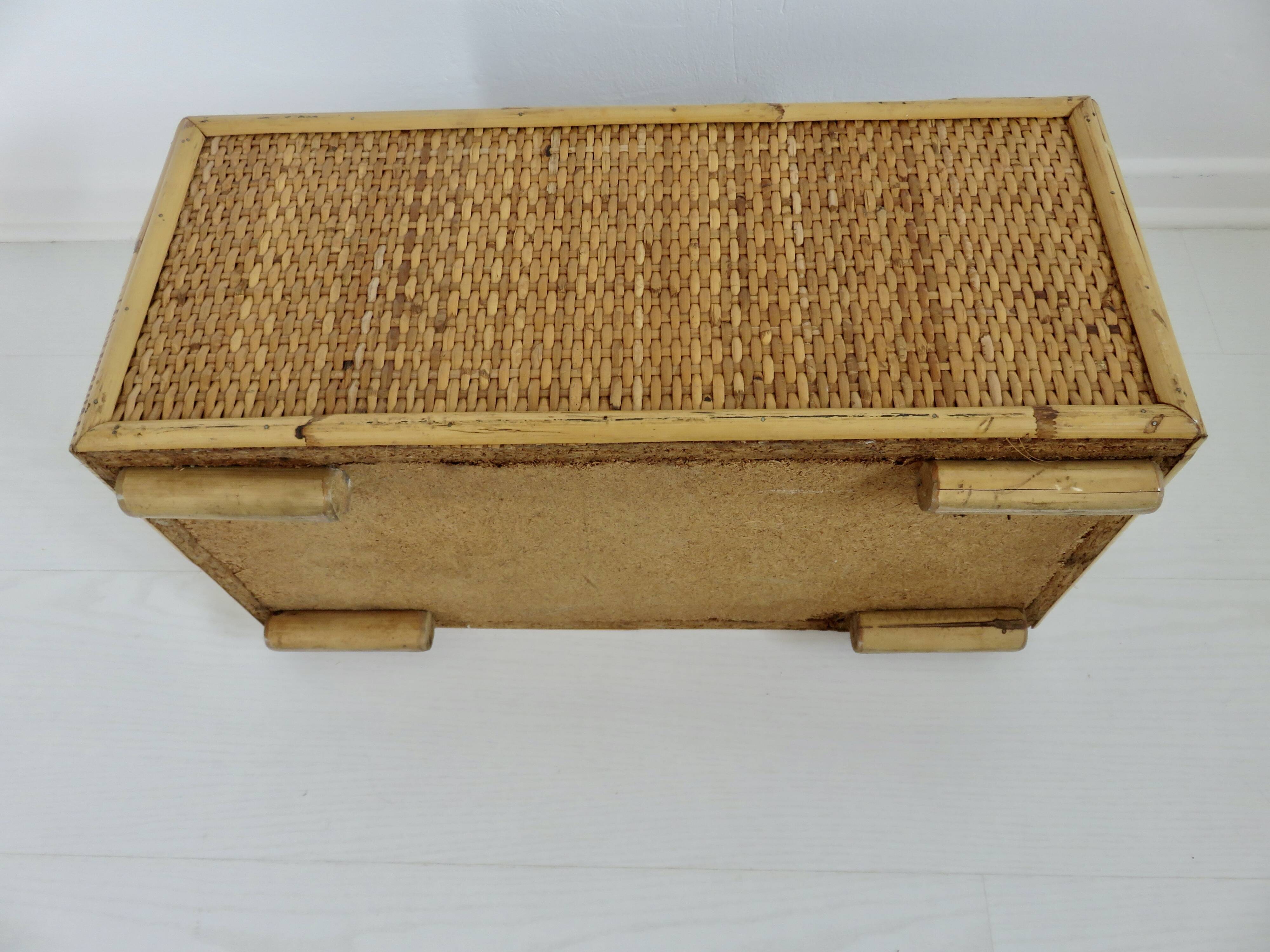 70s woven rattan and bamboo planter