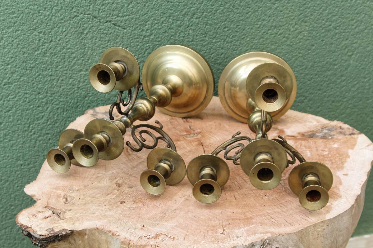 Pair of brass candlesticks, 4 lights