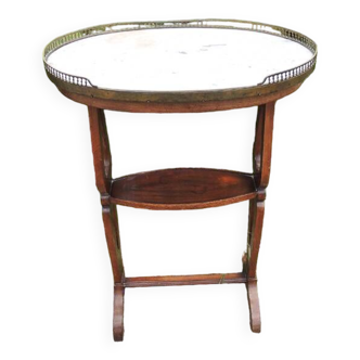 Old side table / oval pedestal table in wood and 'marble'