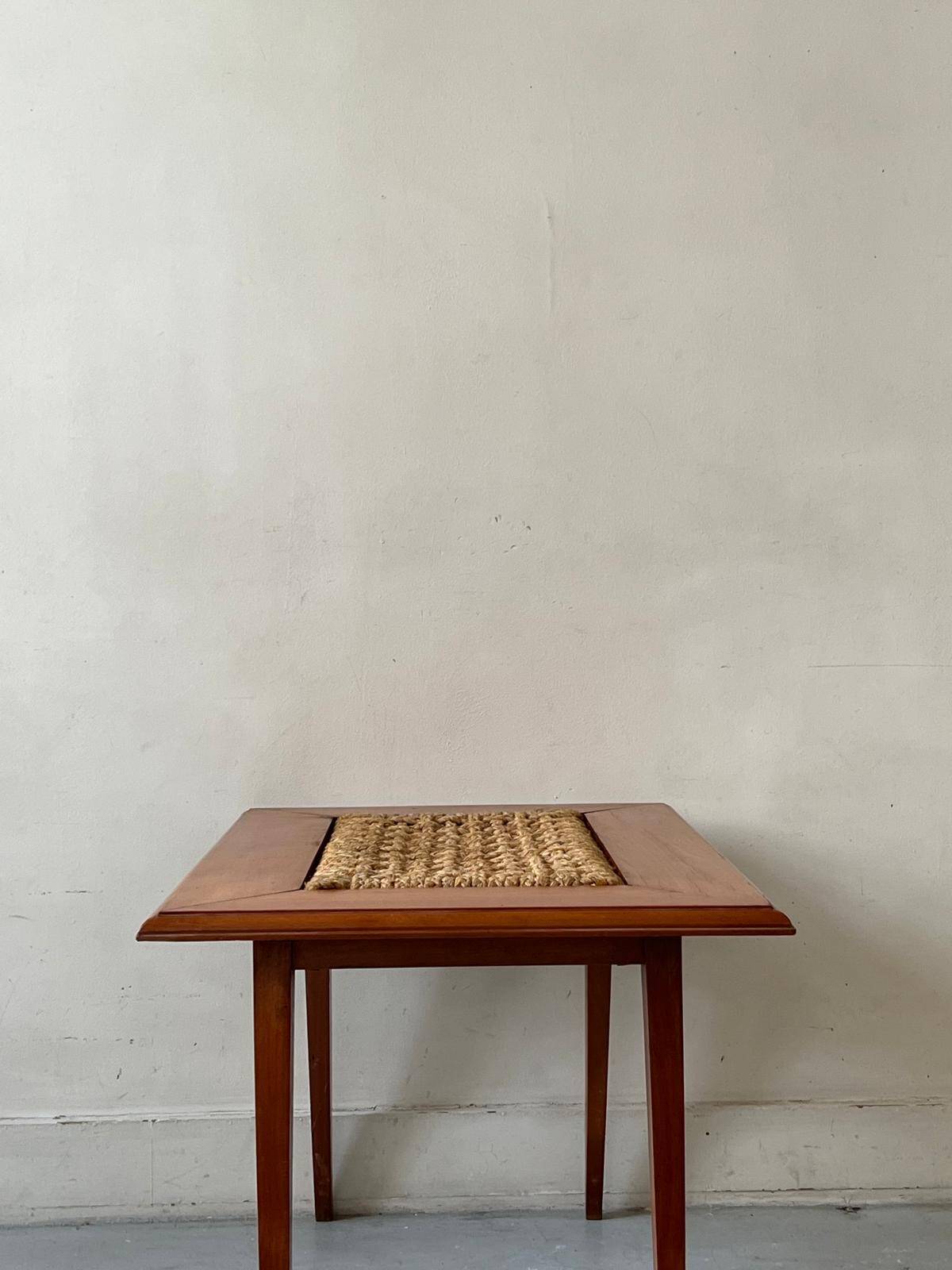 Teak wood coffee table with braided rope, Audoux-Minet 1950