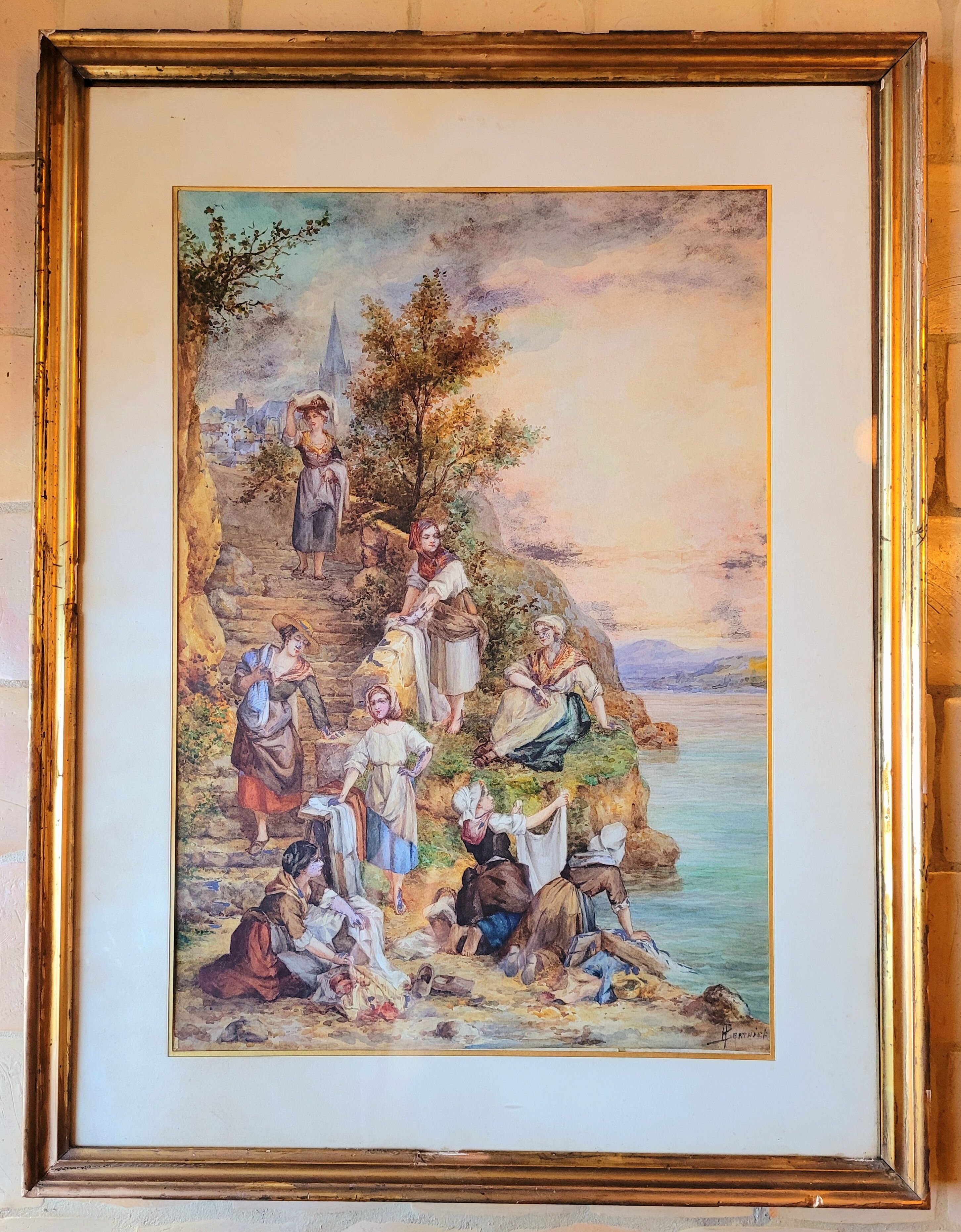 Ancien grand tableau aquarelle vintage signée Paul Berthier fin  XIXe début XXe