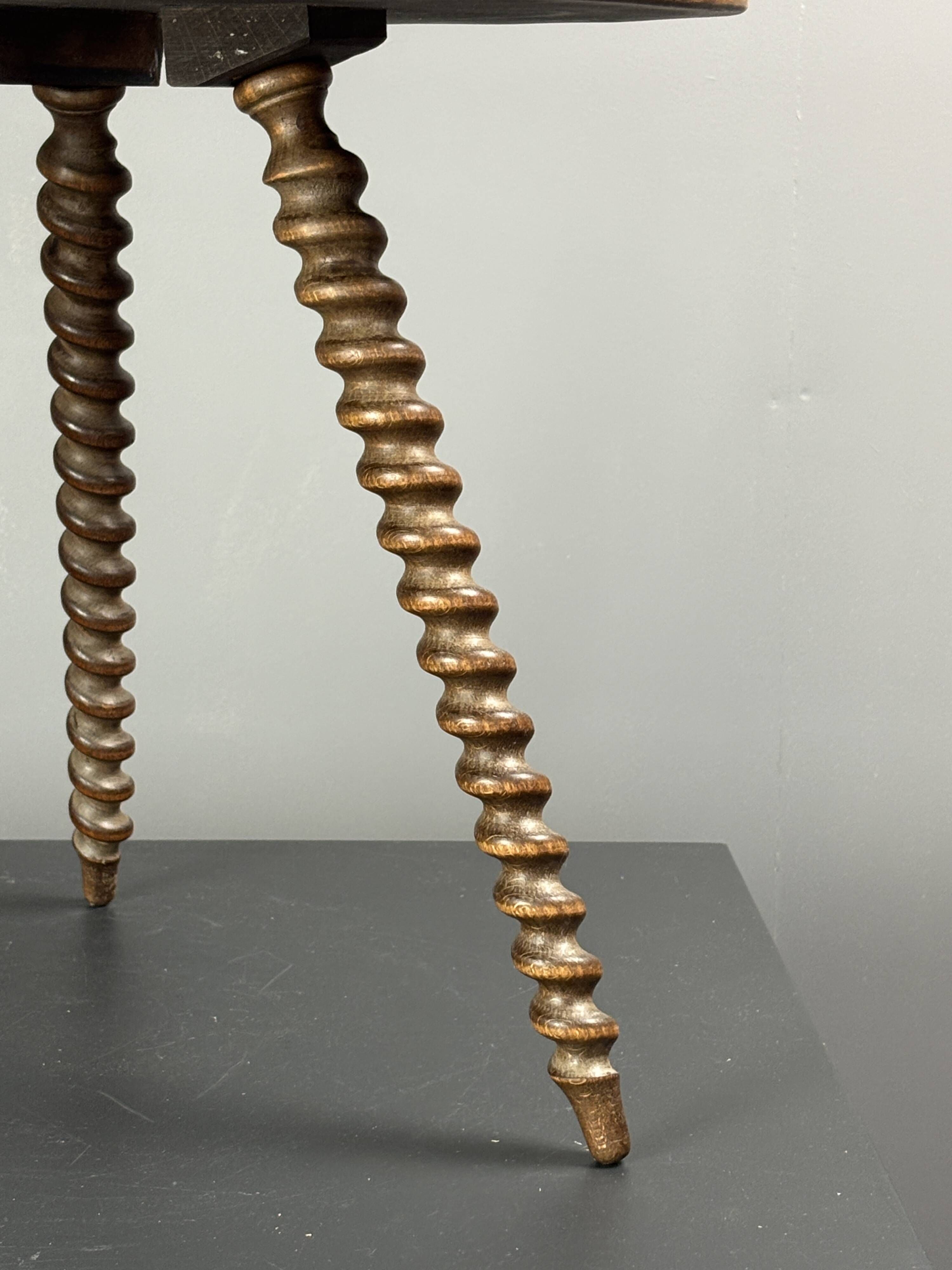 Midcentury wood turned barley twist side table with cork screw legs 1950s