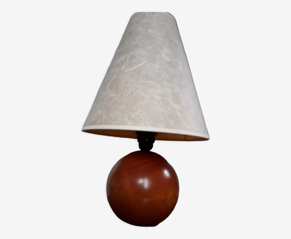 Lampe à poser pied de lampe boule rond bois massif, abat jour papier écru -  années 70 | Selency