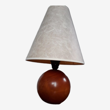 Table lamp, ball lamp base, solid wood round, unbleached paper lampshade - 70s