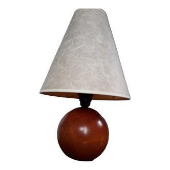 Table lamp, ball lamp base, solid wood round, unbleached paper lampshade - 70s