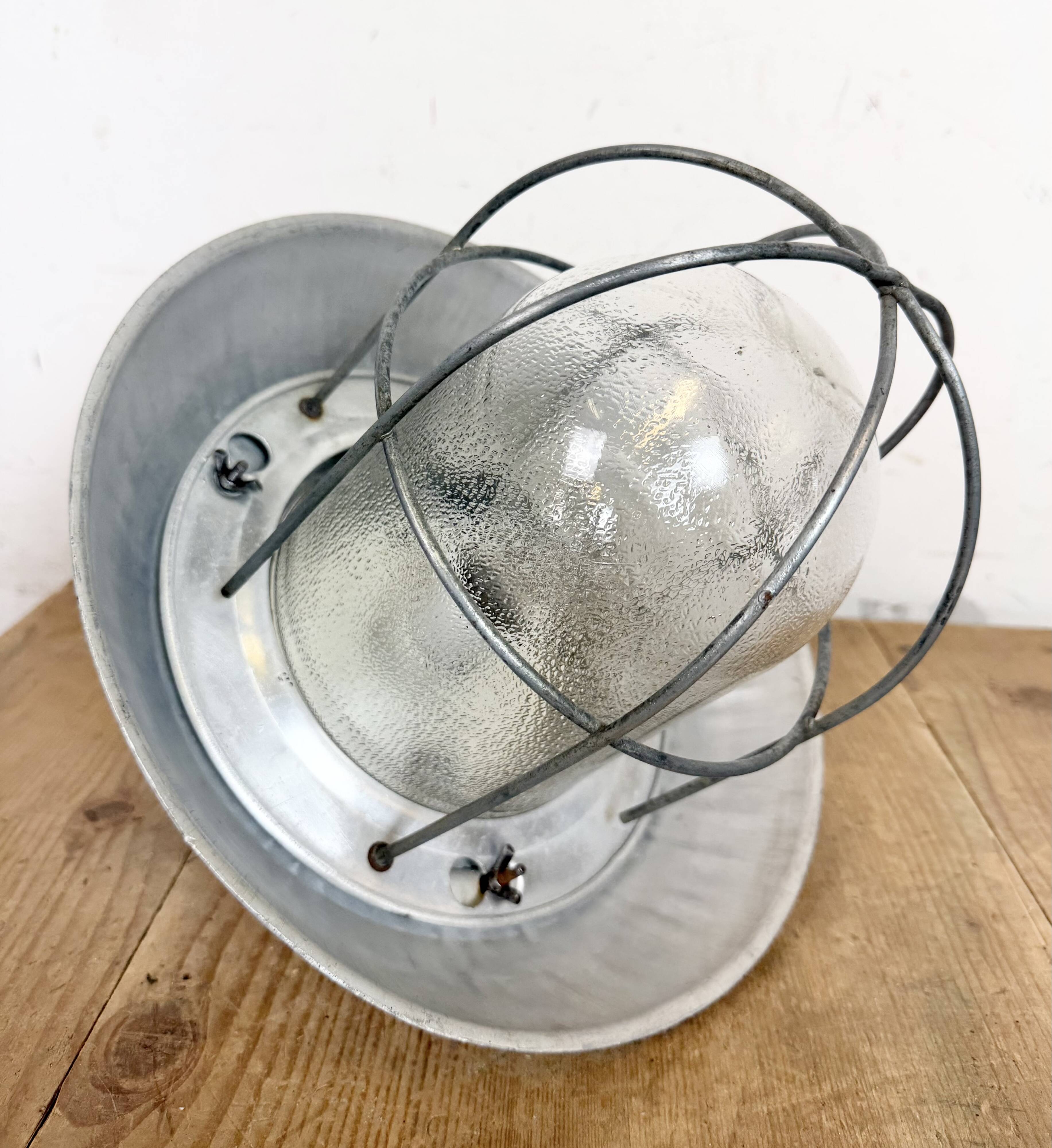 Grey Industrial Aluminium Cage Pendant Lamp with Frosted Glass, 1970s