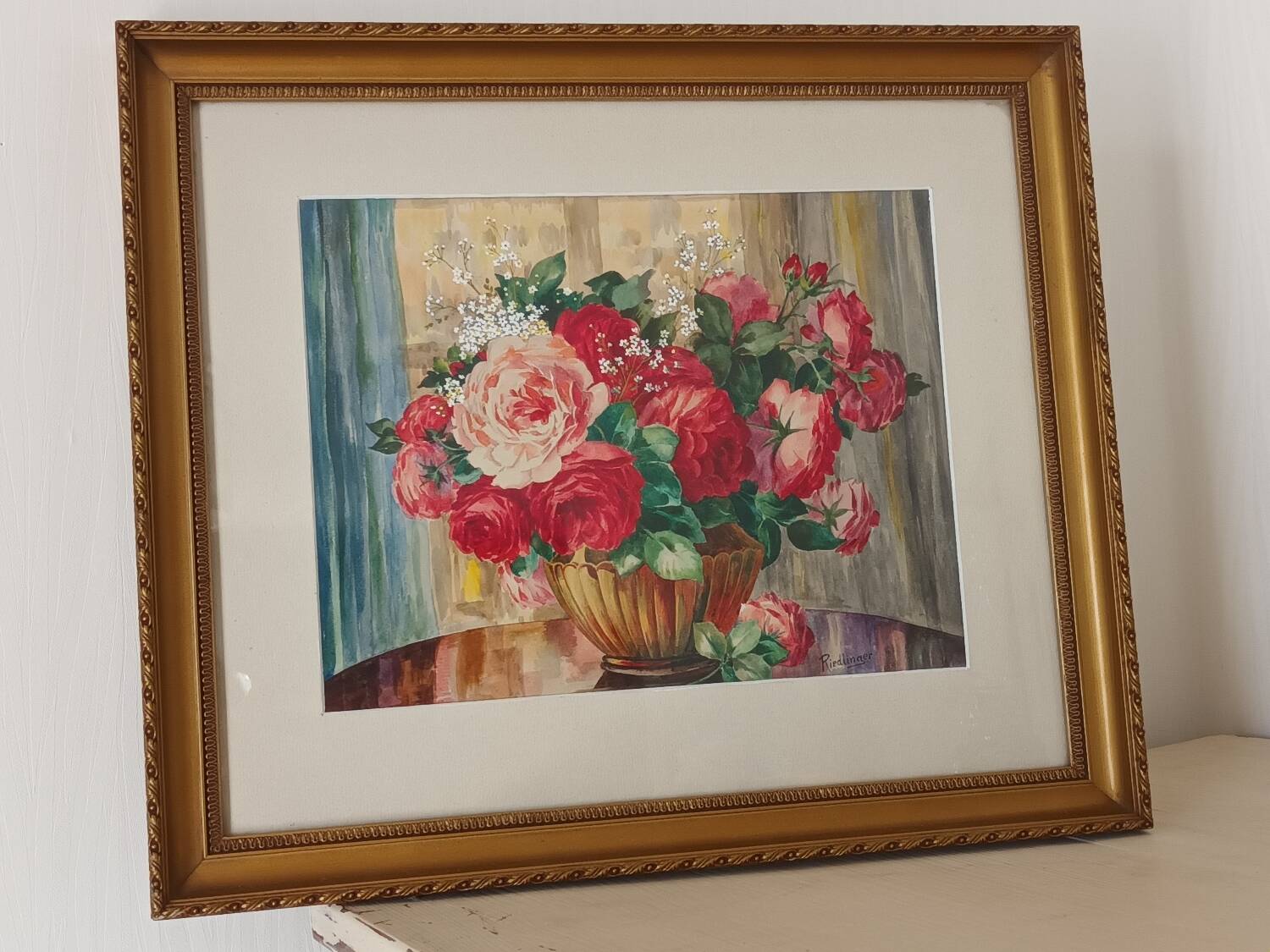 Aquarelle bouquet de roses encadrée XXème