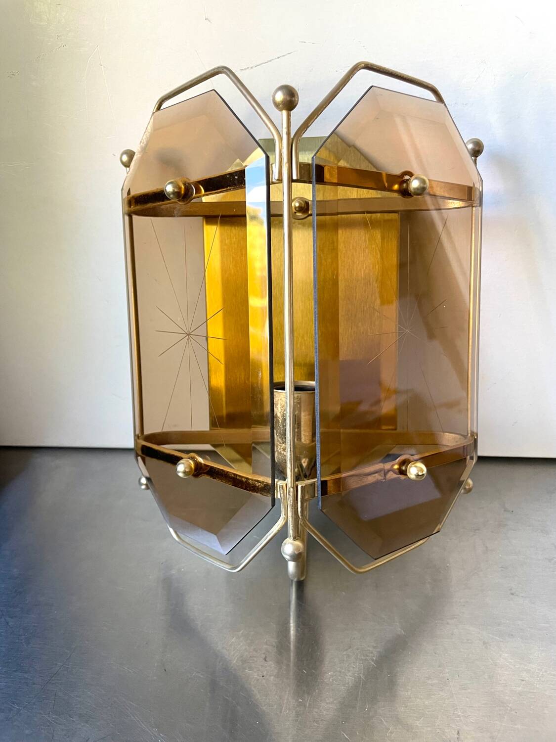 Scandinavian Vintage  wall light Sconce in Brass & Amber colored Glass