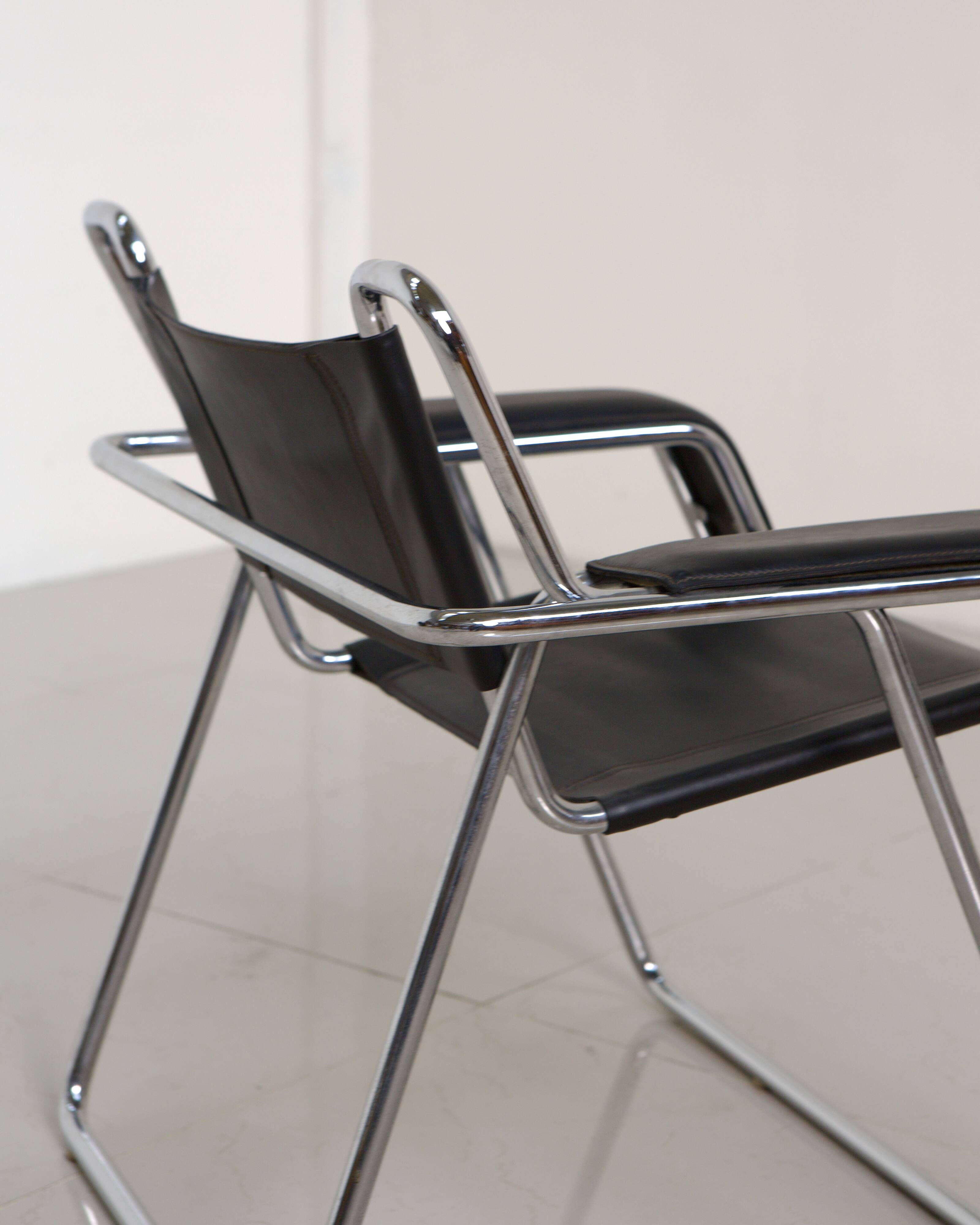 Metal and black leather armchair by Gastone Rinaldi for Thema 80's