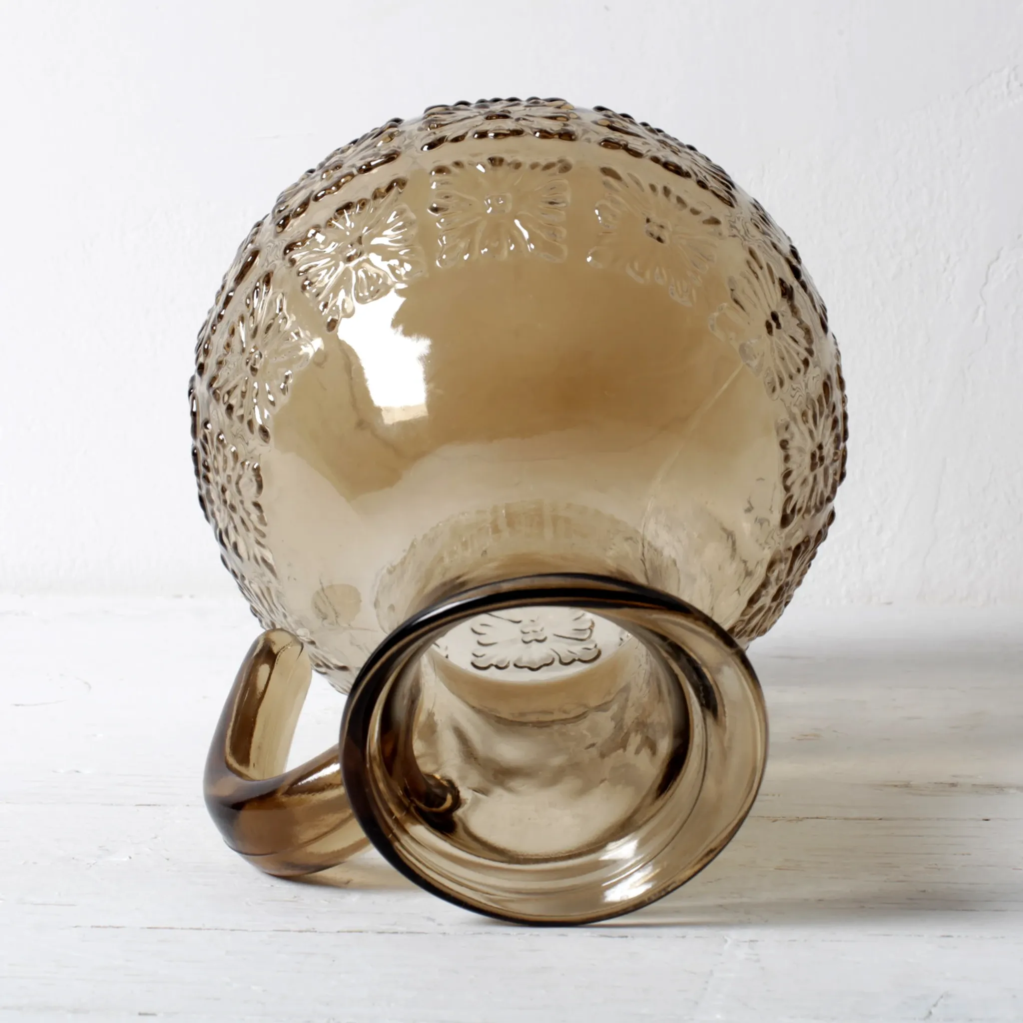 Italian Smoked Glass Jug / Embossed Floral Brown Pitcher / Mid-century Jug