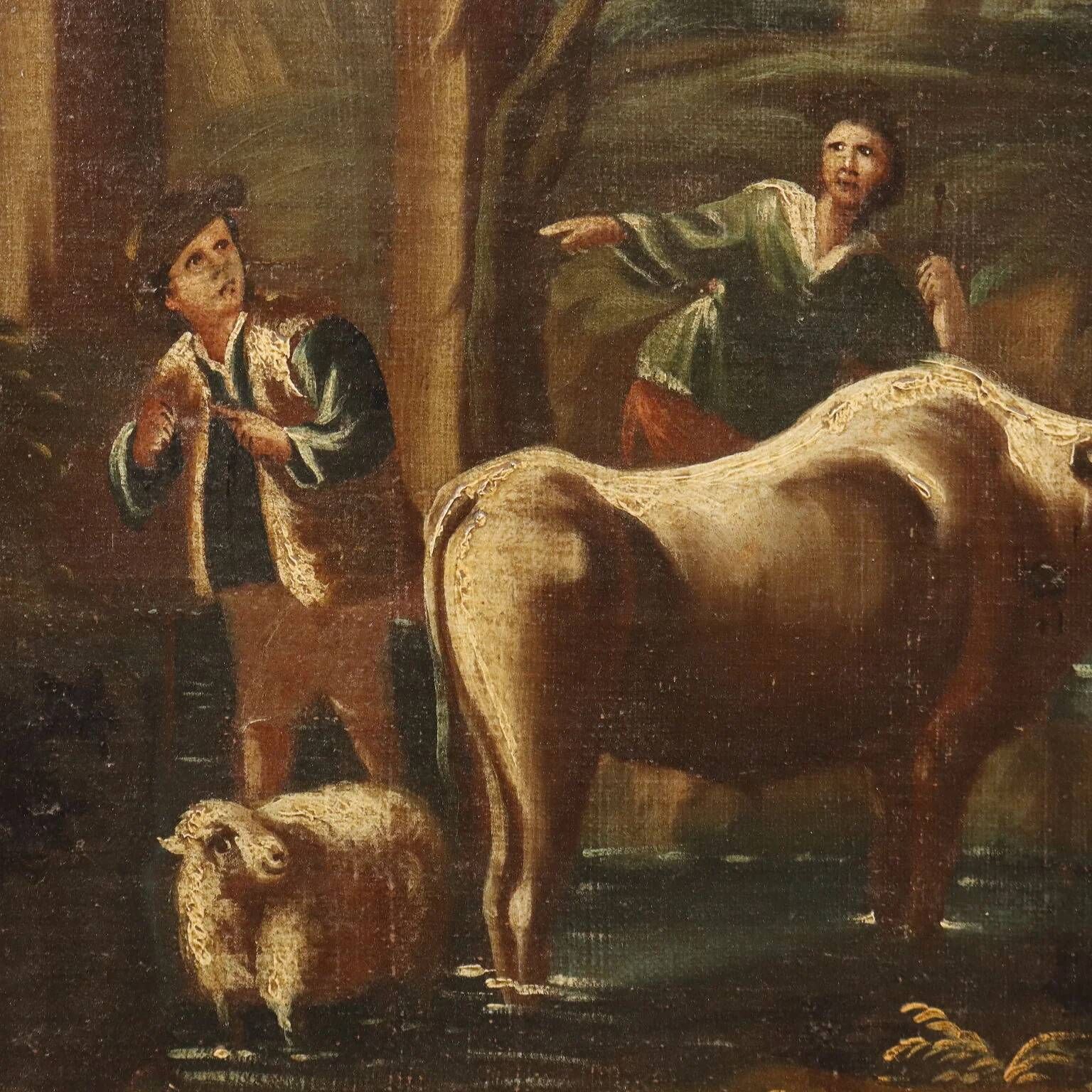 Ancient painting of a landscape with shepherds and herds, 18th century.