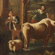 Ancient painting of a landscape with shepherds and herds, 18th century.