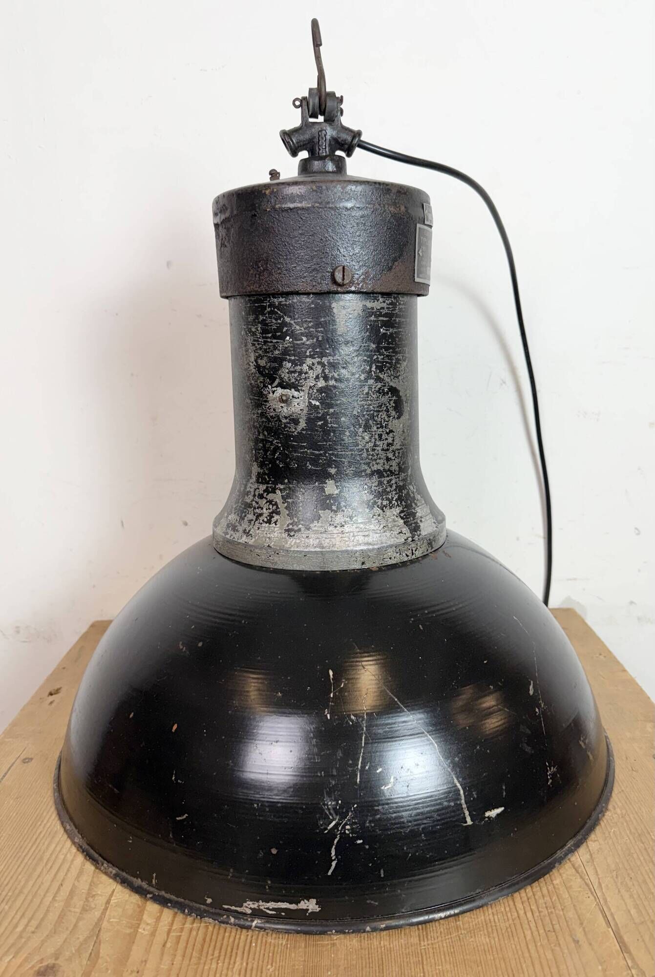 Large Industrial Factory Black Pendant Lamp with Cast Iron Top, 1950s