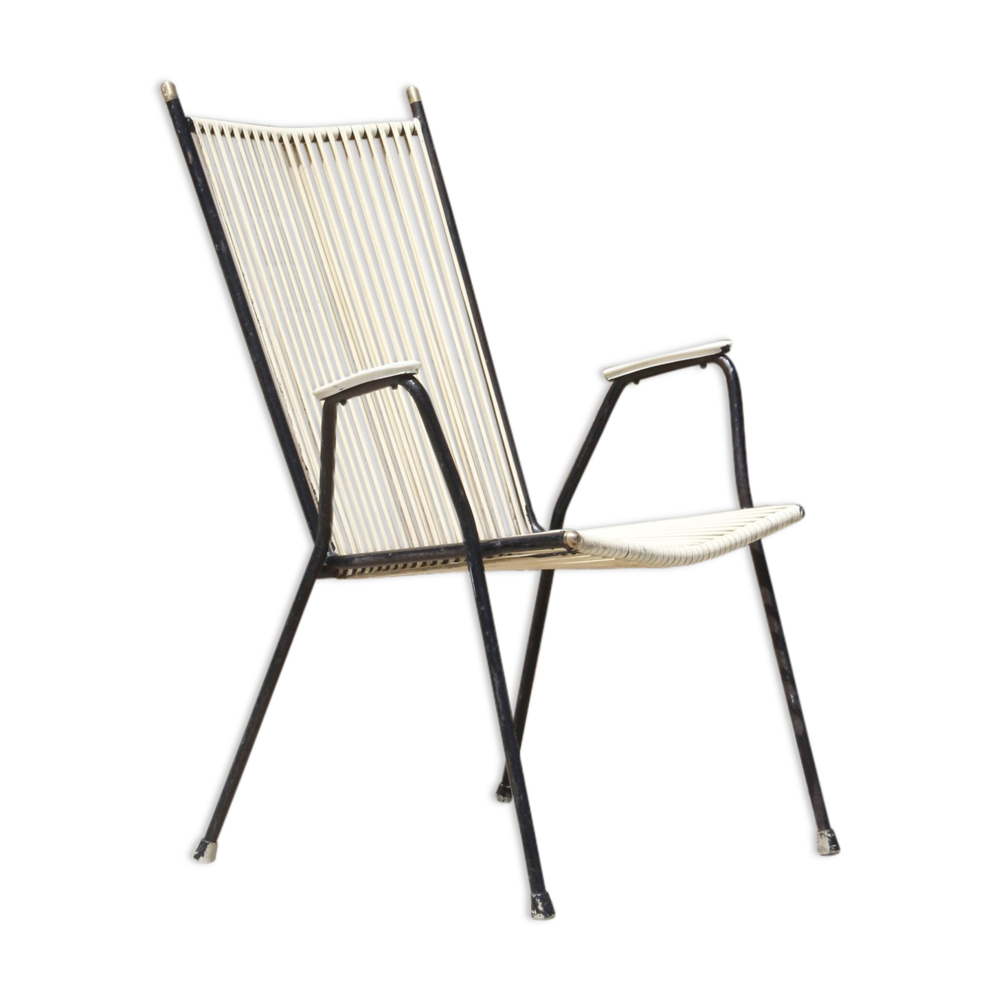 Fauteuil fer forgé, laiton & scoubidou, France 1950s