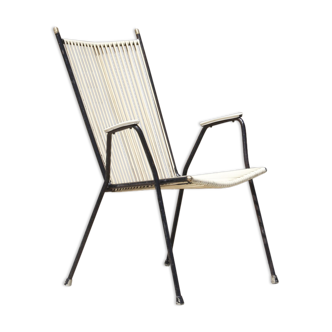 Wrought iron armchair, brass & scoubidou, France 1950s