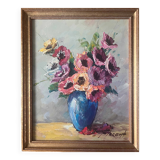 HSP painting "Bouquet of flowers" in vase signed Florent + frame