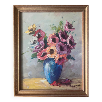 HSP painting "Bouquet of flowers" in vase signed Florent + frame