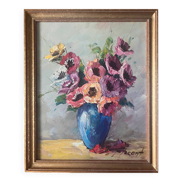Tableau HSP "Bouquet de fleurs" en vase signé Florent + cadre