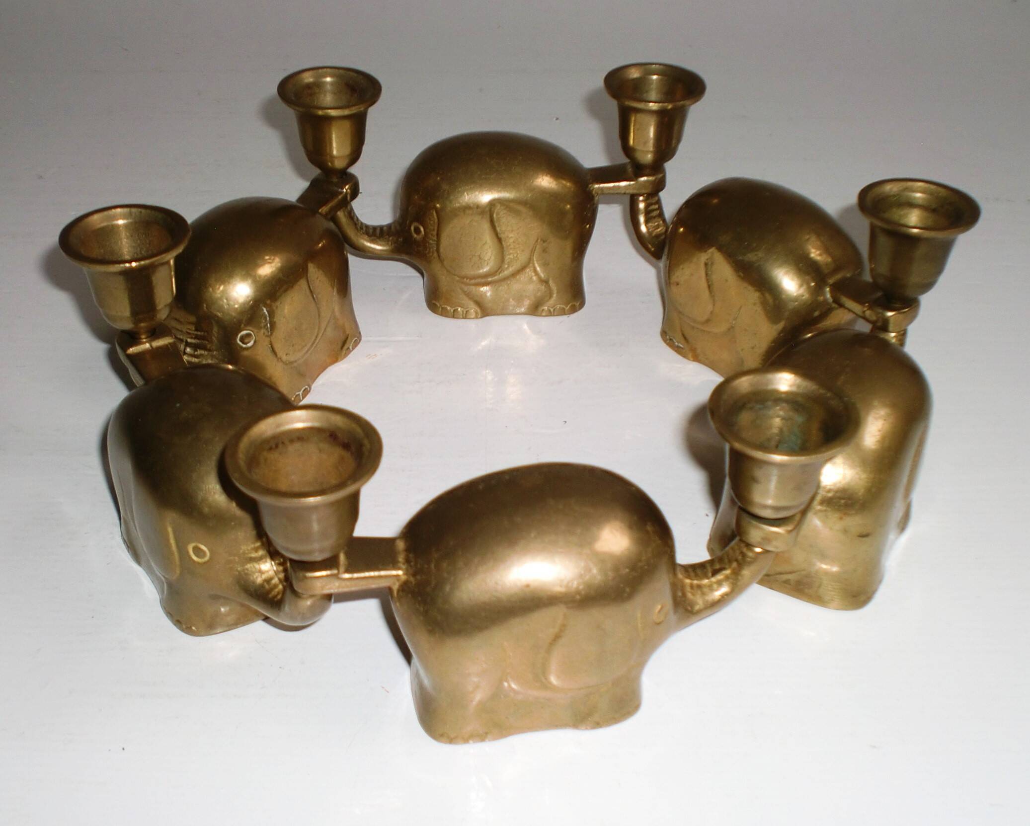 Set of 6 Art-Deco Brass Elephant Candle Holders / Candle Stands