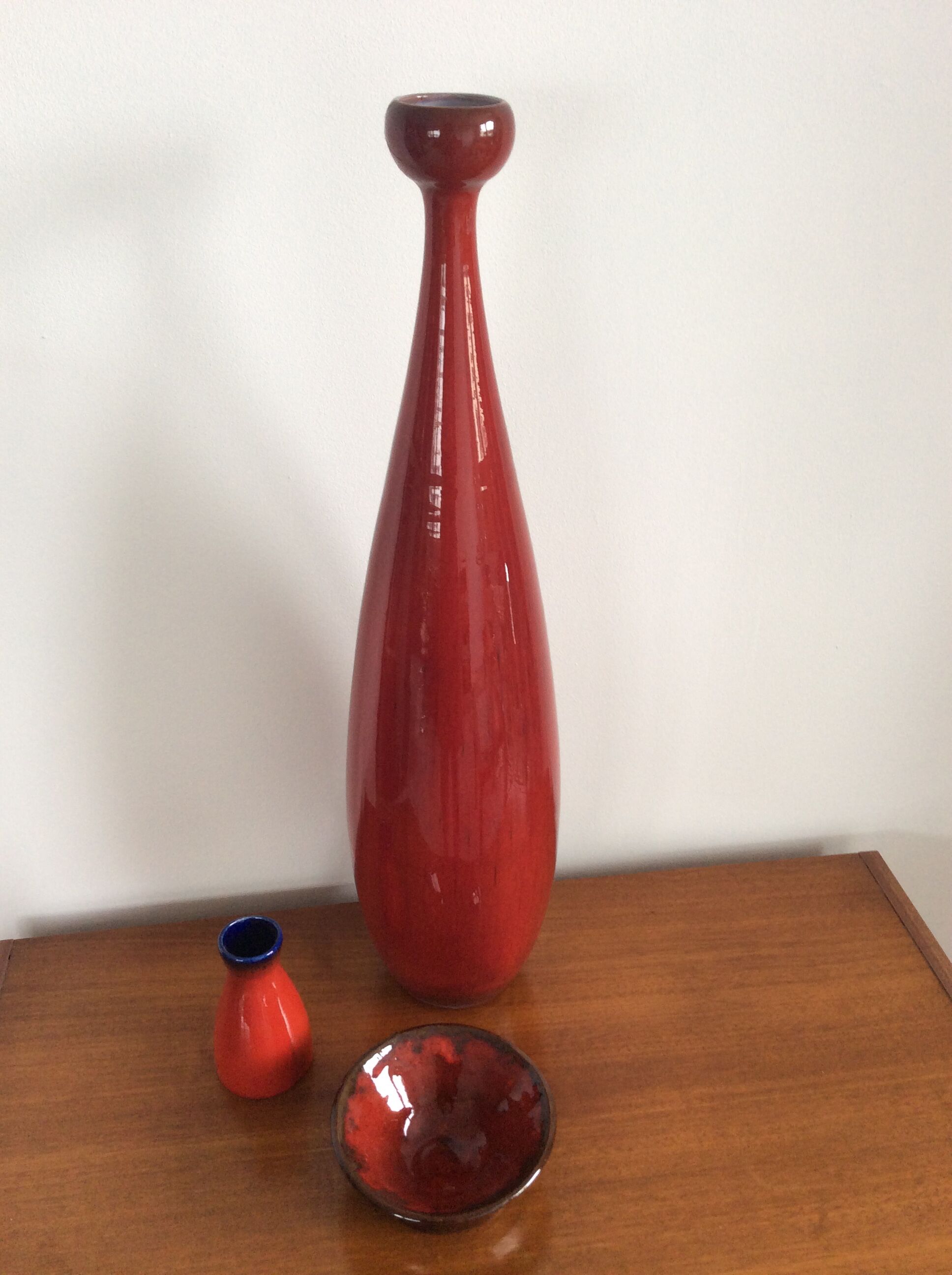 Série de 3 vases céramique rouge vintage des années 60-70