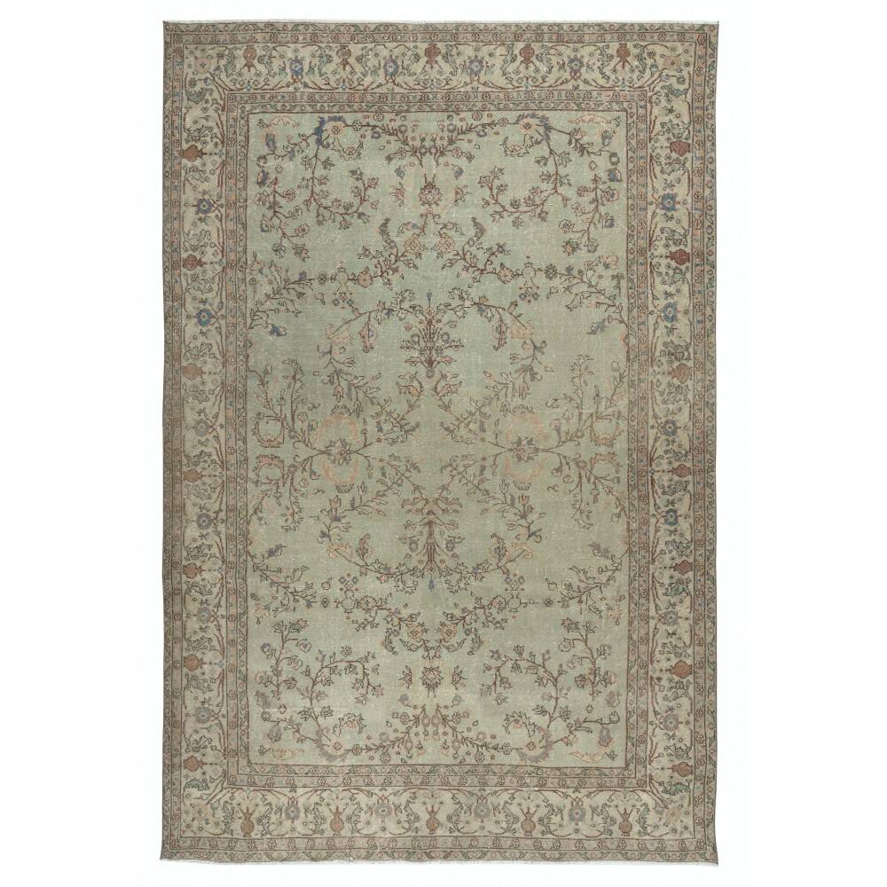 Vintage Handmade Soft Green Rug. One of a kind Floral Design Turkish Carpet