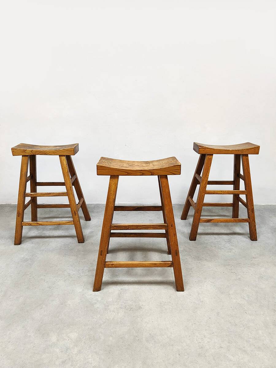 Brutalist vintage wooden curved bar stools