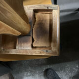 Vintage natural wood stool with light yellow faux leather seat and crossed splayed base