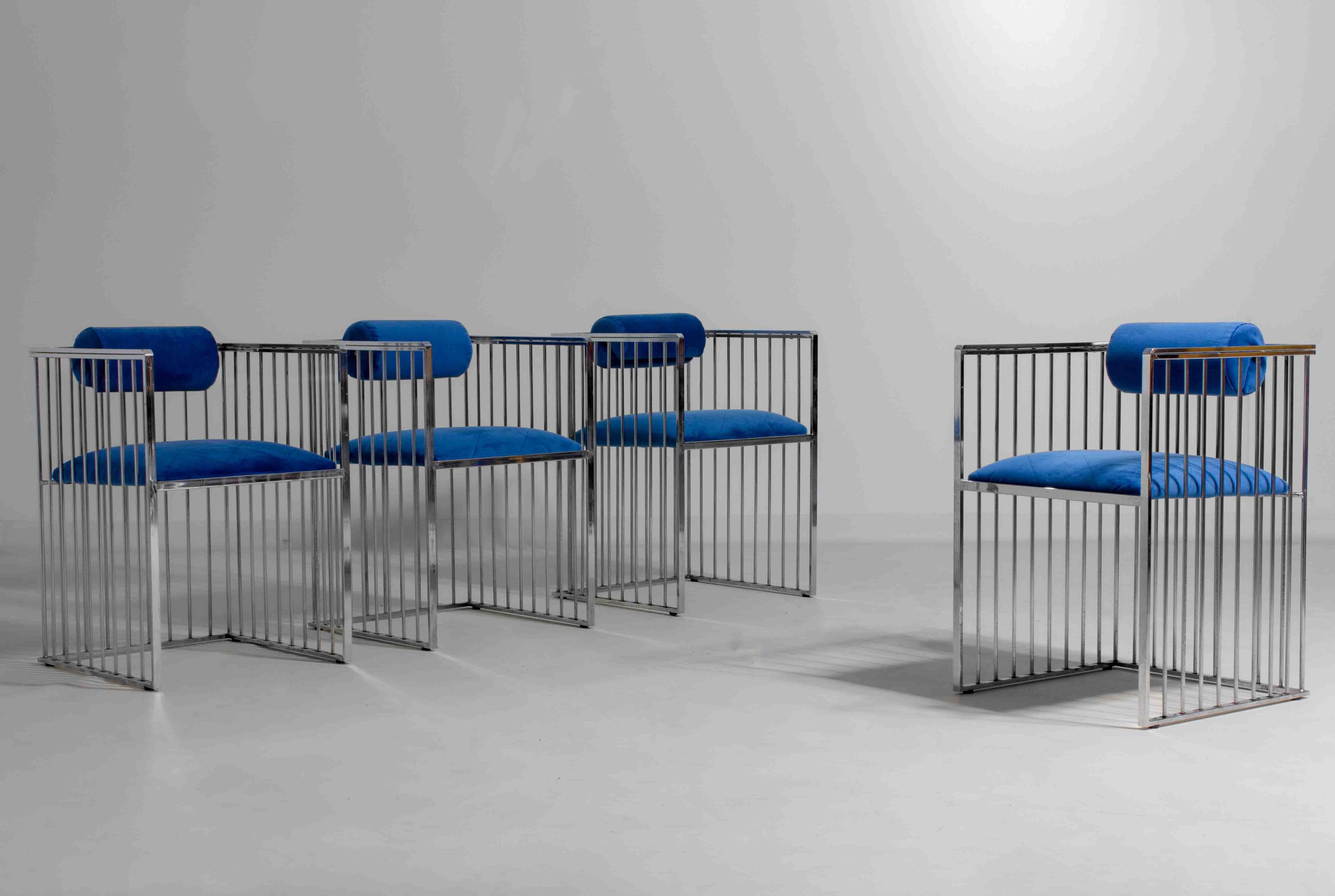Set of four Italian modernist chrome chairs with royal blue velvet, 1970s