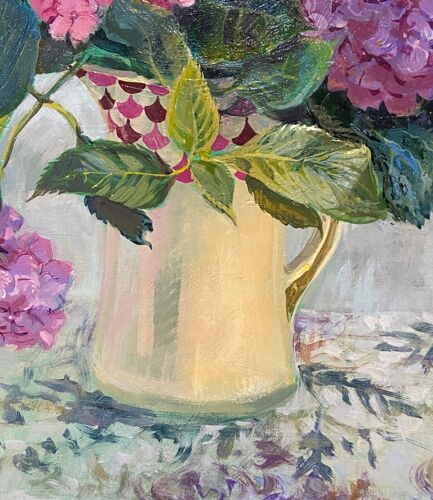 Huile sur toile par maurice masselin bouquet de fleurs d'hortensias 1989